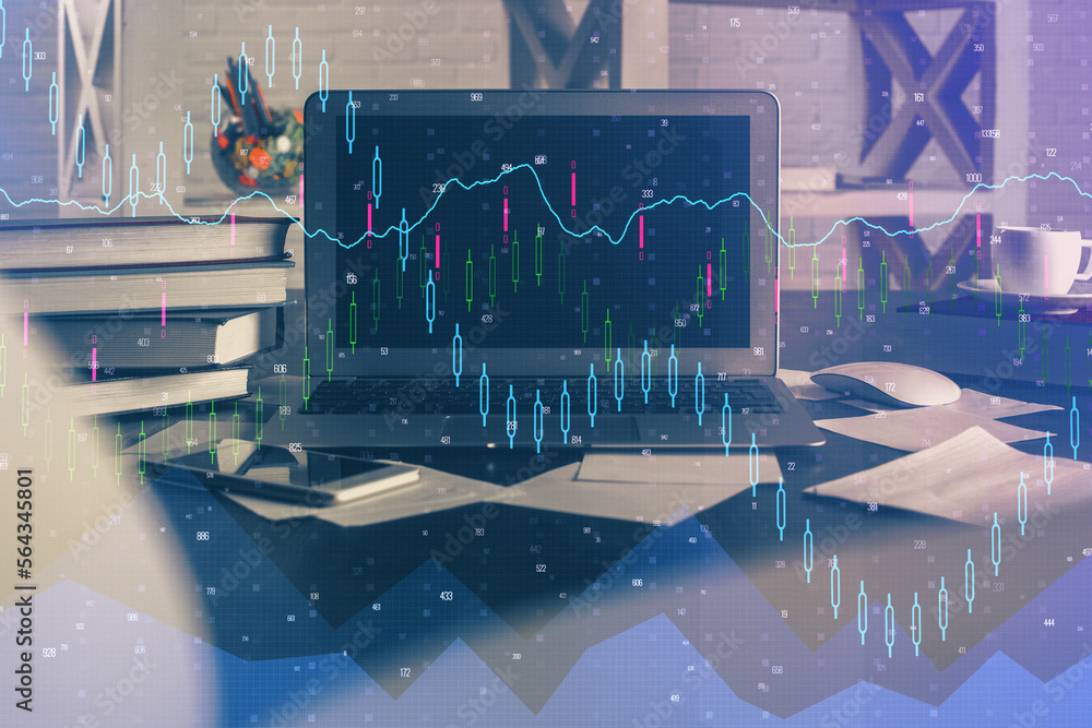 Poster multi exposure of forex graph and work space with computer. concept of international online trading.