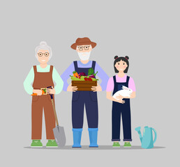 A group of people are harvesting. Grandmother with a shovel and carrots. Grandfather with a box of different vegetables. Cheerful girl with a rabbit. Vector illustration isolated. Template for flyers