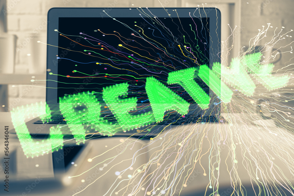 Poster Desktop computer background in office and start up theme hologram drawing. Double exposure. Startup concept.