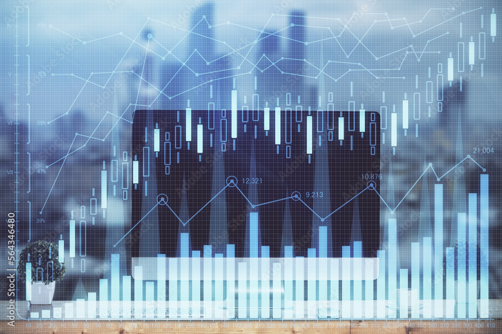 Poster Multi exposure of forex graph and work space with computer. Concept of international online trading.