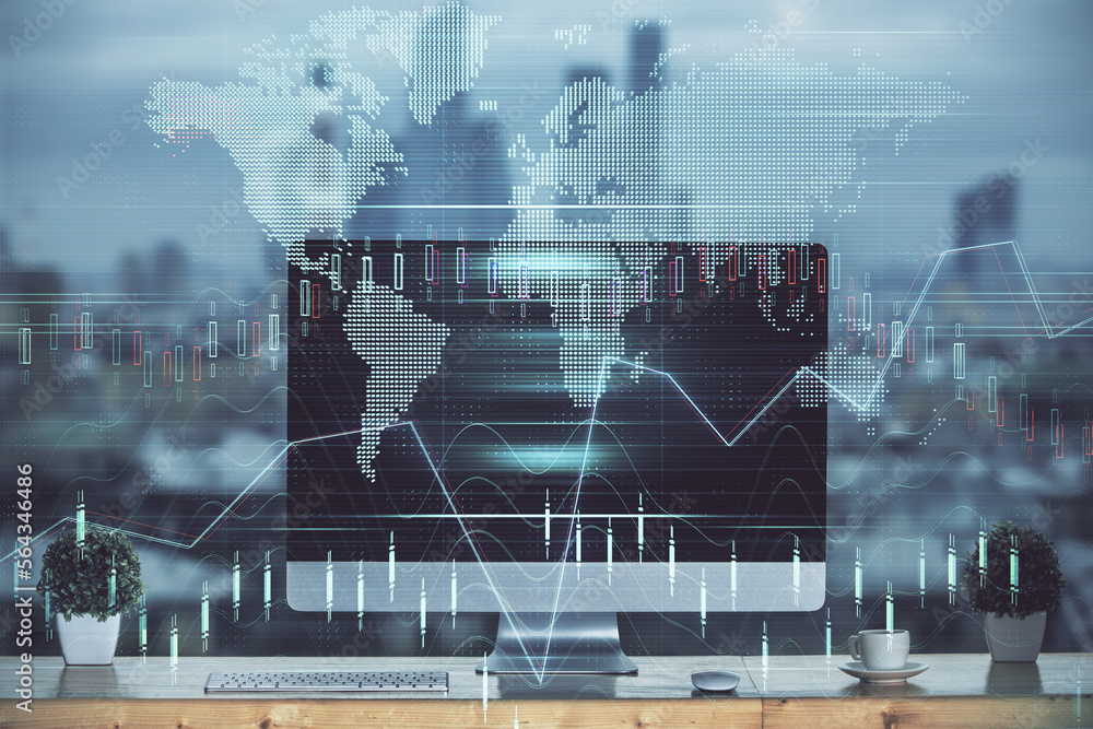 Aufkleber Multi exposure of forex graph and work space with computer. Concept of international online trading.