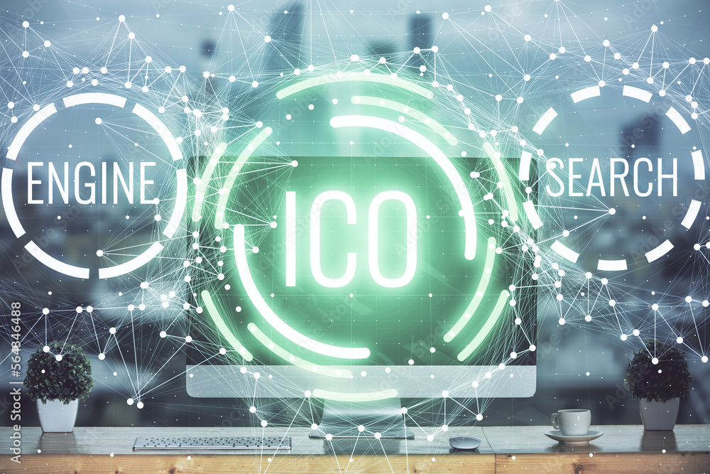 Aufkleber Multi exposure of blockchain theme hologram and table with computer background. Concept of bitcoin crypto currency.