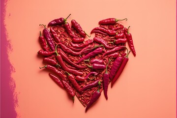 Red chili peppers in heart shape, for valentine's day on pink background.Top view. Generative AI