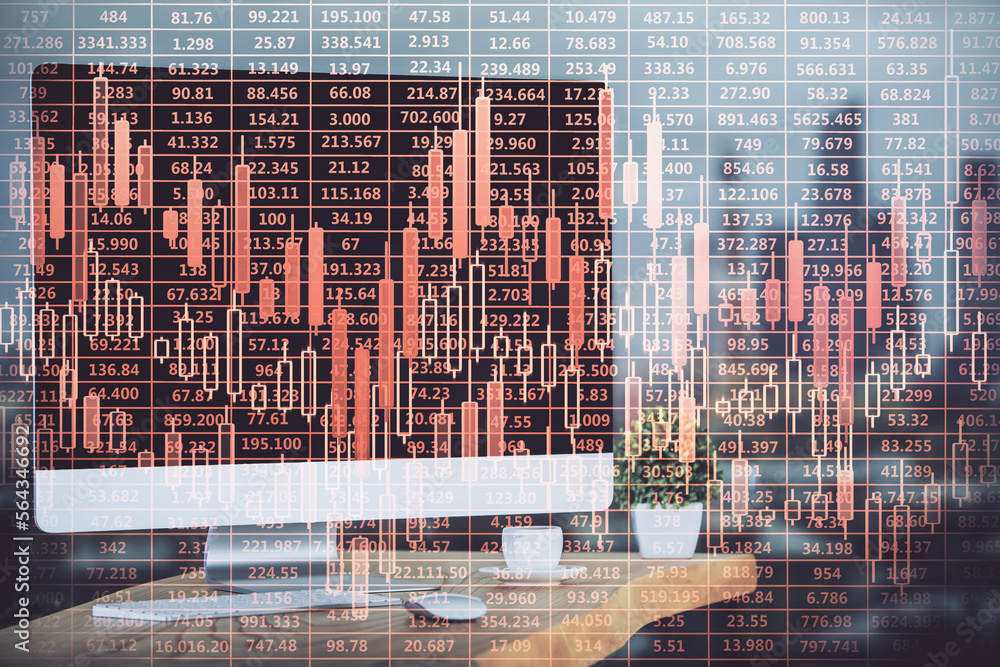 Poster multi exposure of forex graph and work space with computer. concept of international online trading.