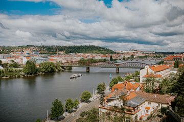Fototapeta na wymiar Prague landscape. Vysehrad. Prague Landscape. Old Europe. The river and the city. View of the city