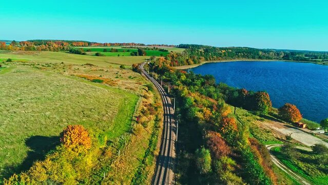 Lake Jemiolowo Olsztynek. Masuria Poland. Railway route