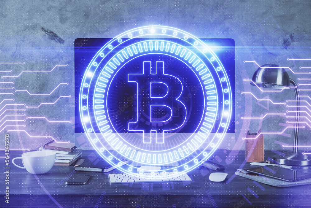 Poster Multi exposure of blockchain theme hologram and table with computer background. Concept of bitcoin crypto currency.