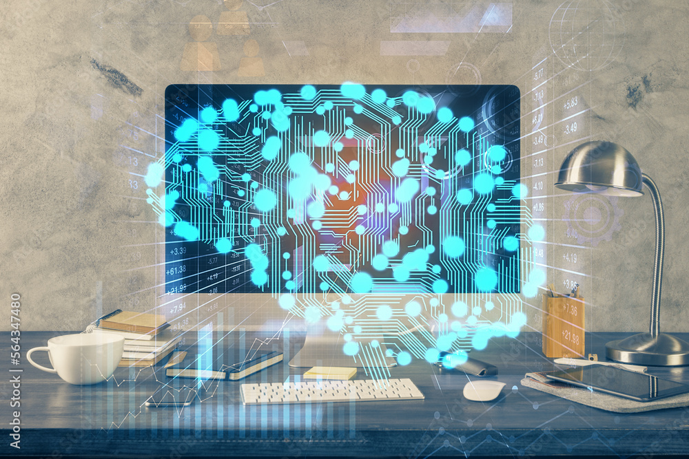 Aufkleber Double exposure of table with computer and brain hologram. Data innovation concept.