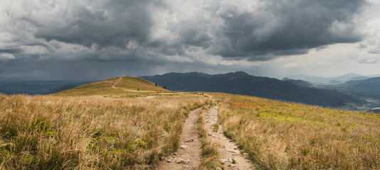 Panorama w Bieszczadach z Połoniny Caryńskiej. Ciemne burzowe chmury - obrazy, fototapety, plakaty