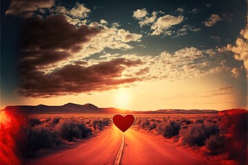 Red heart shaped sky at sunset. Beautiful landscape with road and clouds.Love background with copy space. Road to love. Generative AI