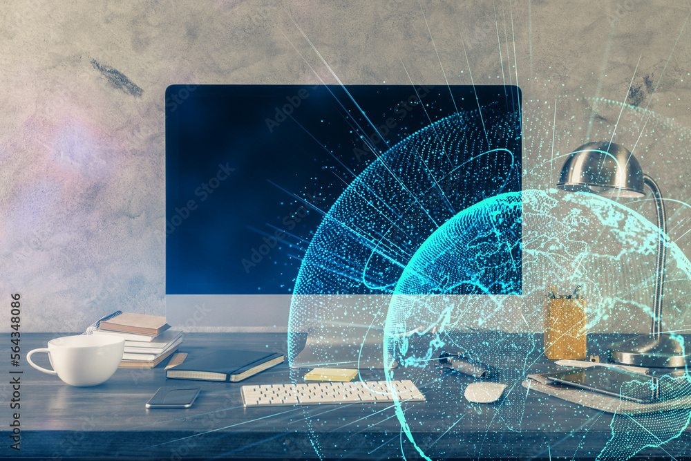 Aufkleber computer on desktop with social network theme icon. multi exposure. concept of international connect