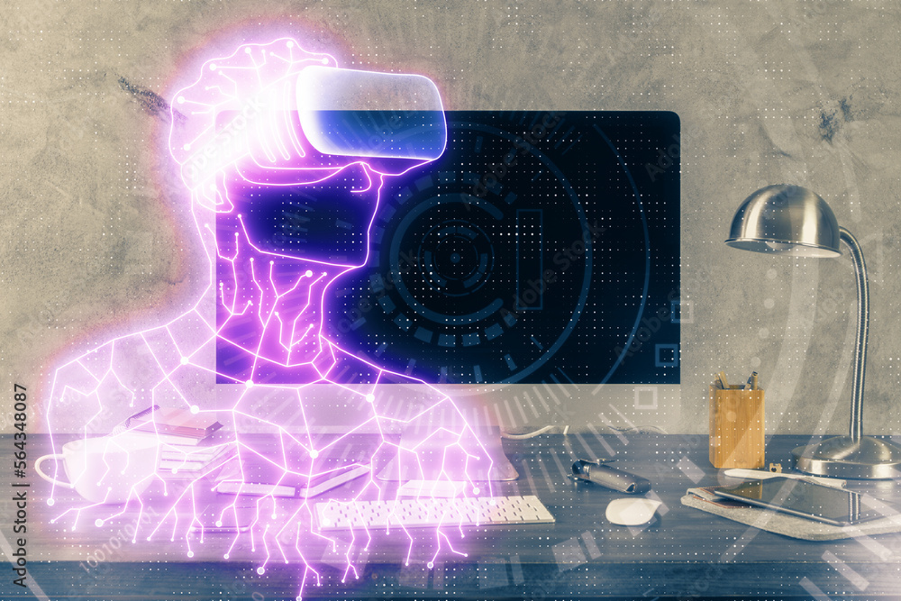 Poster Computer on desktop with AR theme icon. Multi exposure. Concept of augmented reality.