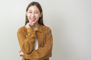 Smile positive, attractive asian young woman wearing casual, portrait of beautiful brunette her with long hair, feeling happy looking at camera, standing cross arms chest isolated on white background.