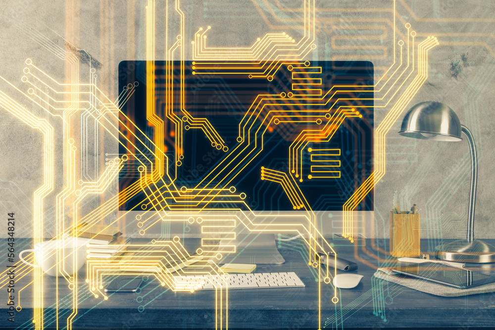 Poster computer on desktop in office with technology theme hologram. multi exposure. tech concept.