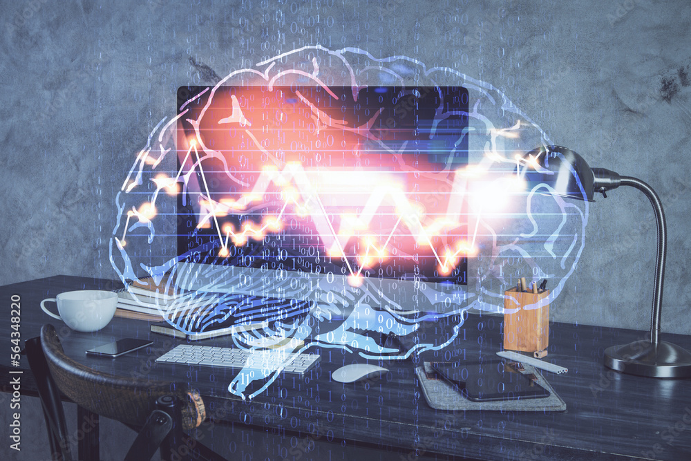 Fototapete double exposure of table with computer and brain hologram. data innovation concept.
