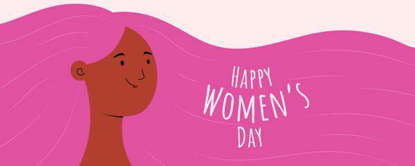 Beautiful black woman, girl with long flowing hair, text Happy Womens Day. Hand drawn vector illustration. Female cartoon character. Flat style design. Concept for 8 March, feminism banner, poster.