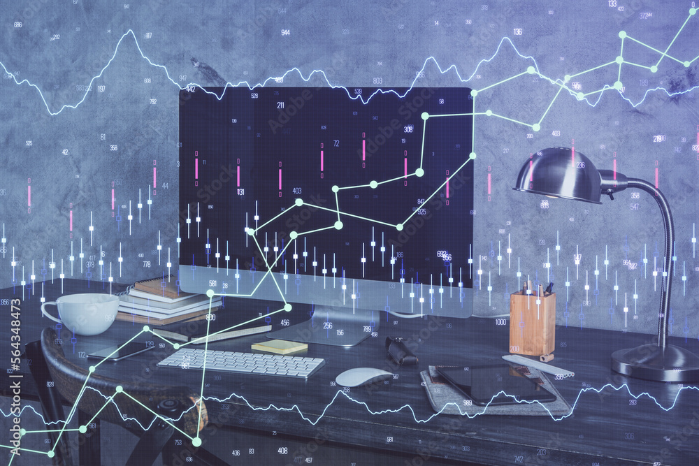 Aufkleber multi exposure of forex graph and work space with computer. concept of international online trading.