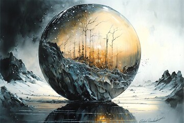 A winter landscape inside a crystal ball, made with generative AI