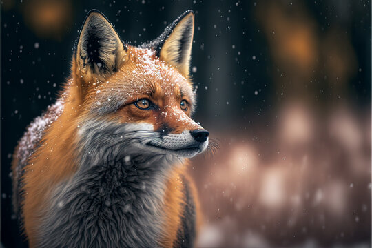 Red fox close up image portrait of a beautiful fox in the winter with fresh snow falling on its fur.  Fox is looking with expressive eyes.  Generative ai