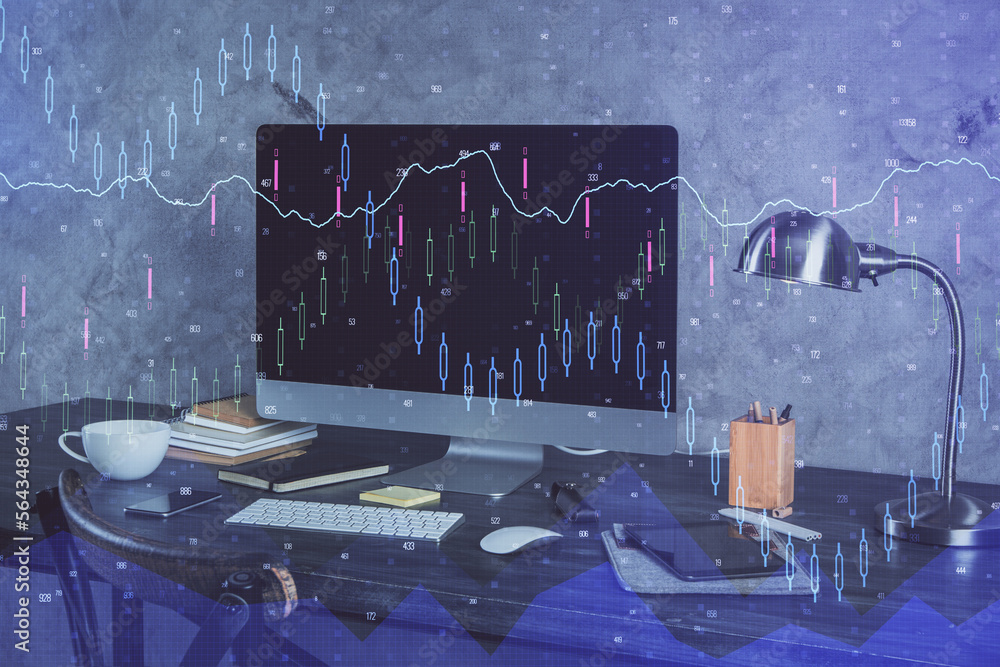 Aufkleber multi exposure of forex graph and work space with computer. concept of international online trading.