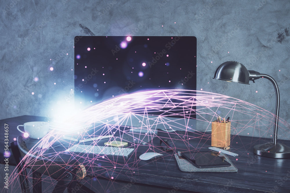 Poster computer on desktop with social network theme icon. multi exposure. concept of international connect