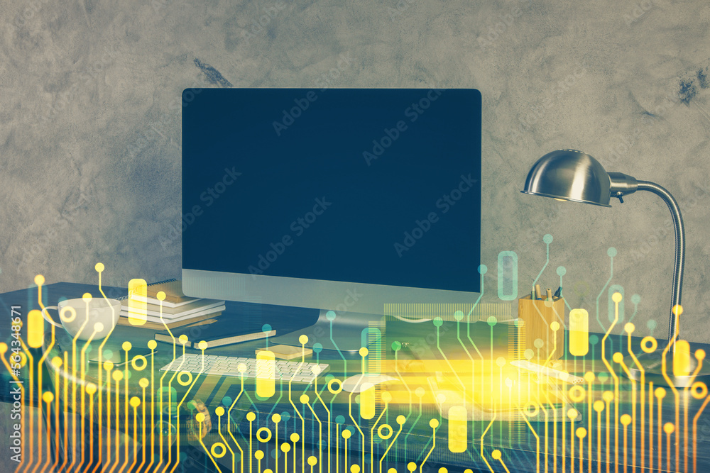 Aufkleber Technology theme drawing and table with computer. Double exposure. Concept of information.