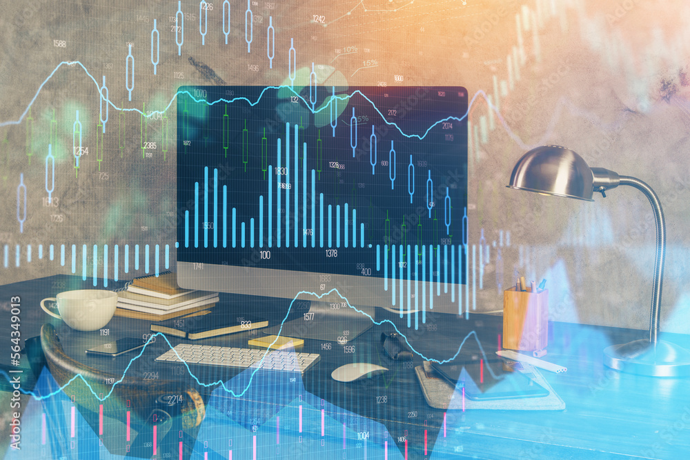 Poster multi exposure of forex graph and work space with computer. concept of international online trading.