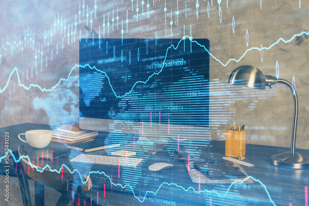 Poster multi exposure of forex graph and work space with computer. concept of international online trading.