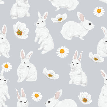 seamless pattern with white rabbits and flowers