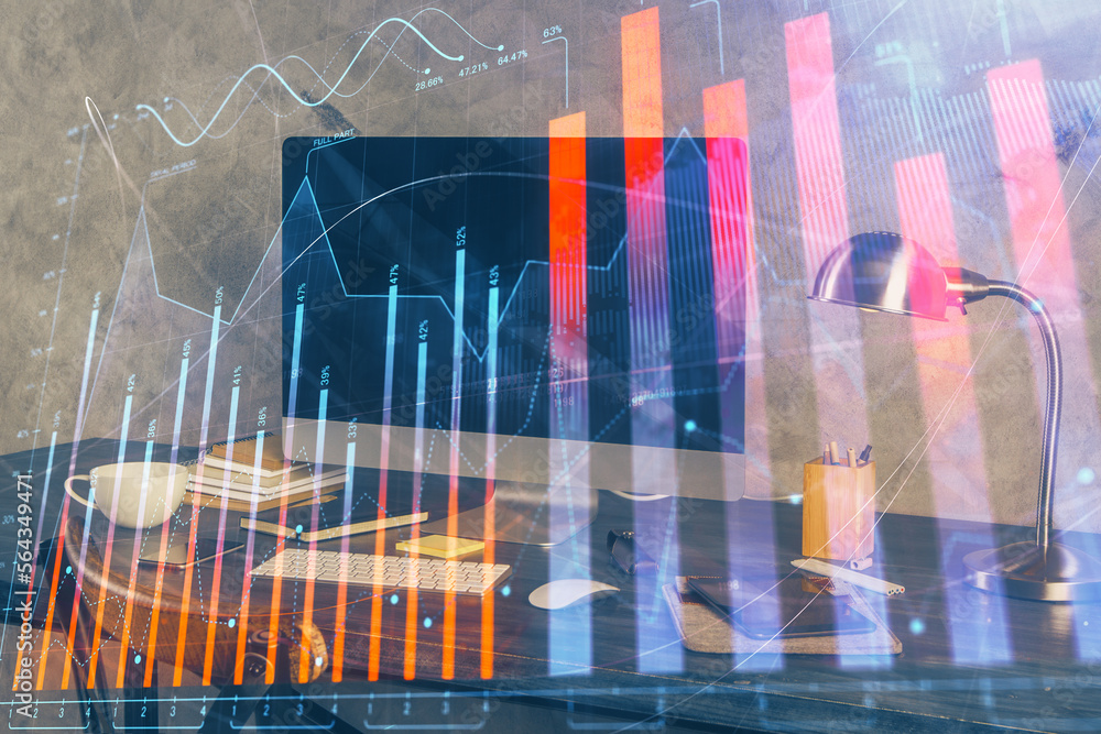 Poster multi exposure of forex graph and work space with computer. concept of international online trading.