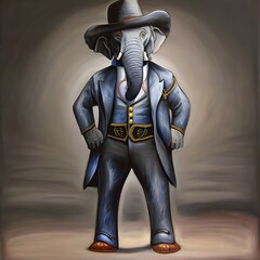 Portrait of an anthropomorphic elephant wearing a suit and hat. Oil painting. Generative AI.