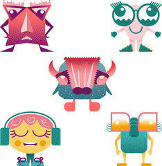 Niedliche, lustige, abstrakte Comic Charaktere in einem Vektor-Set. Cartoon-Stil, Geometrische Formen. Alle Elemente sind isoliert.