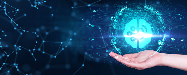 Fototapeta premium Artificial intelligence (AI), machine learning and modern computer technologies concepts. Business, Technology, Internet and network concept.