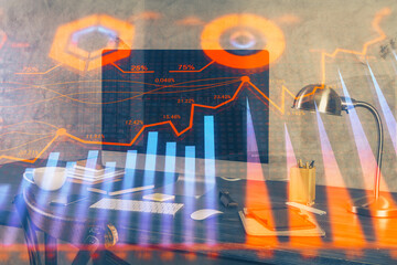 Multi exposure of forex graph and work space with computer. Concept of international online trading.