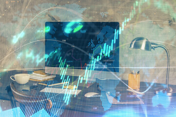 Multi exposure of forex graph and work space with computer. Concept of international online trading.