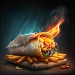 Traditional shawarma with meat and vegetables in flatbread on fire on black background, generative ai