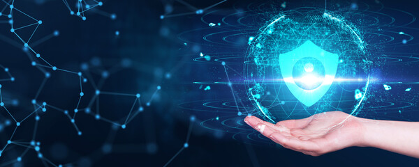 Obraz premium Cyber security data protection business technology privacy concept. Young businessman select the icon security on the virtual display.