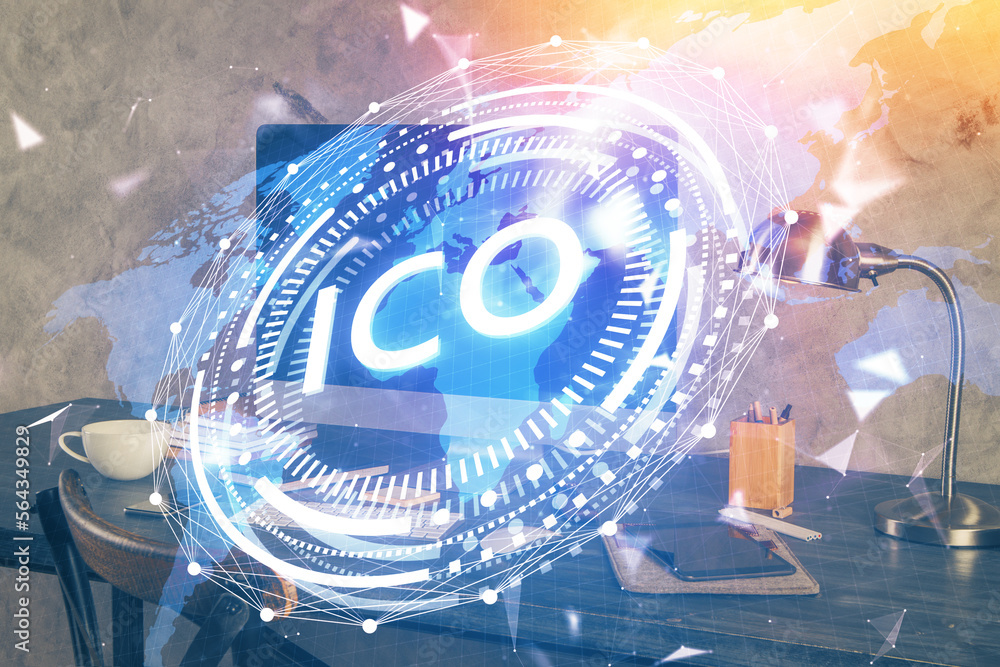 Poster Double exposure of blockchain and crypto economy theme hologram and table with computer background. Concept of bitcoin cryptocurrency.
