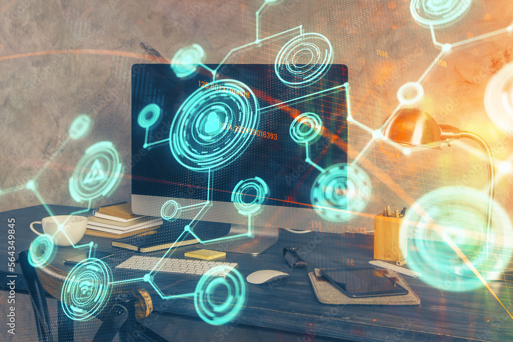 Aufkleber computer on desktop with social network theme icon. multi exposure. concept of international connect