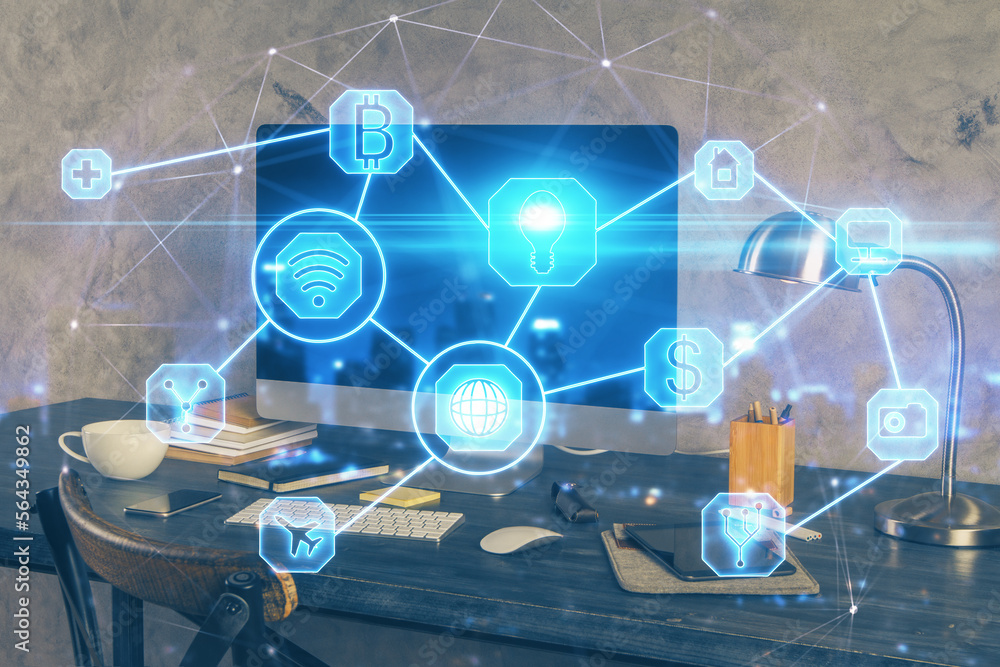 Poster computer on desktop with social network theme icon. multi exposure. concept of international connect