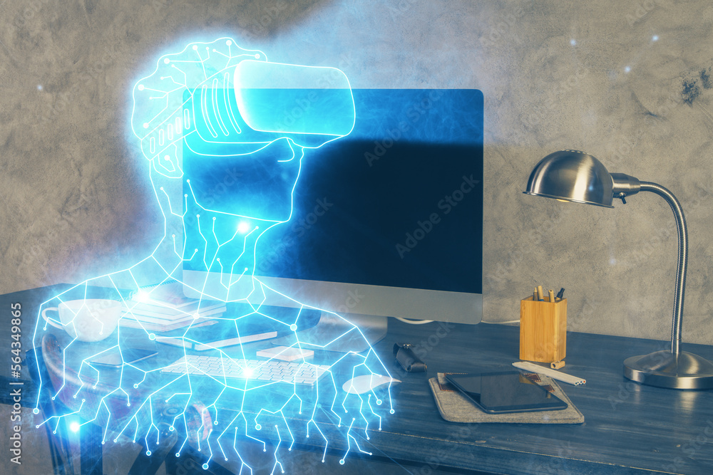 Poster Computer on desktop with AR theme icon. Multi exposure. Concept of augmented reality.