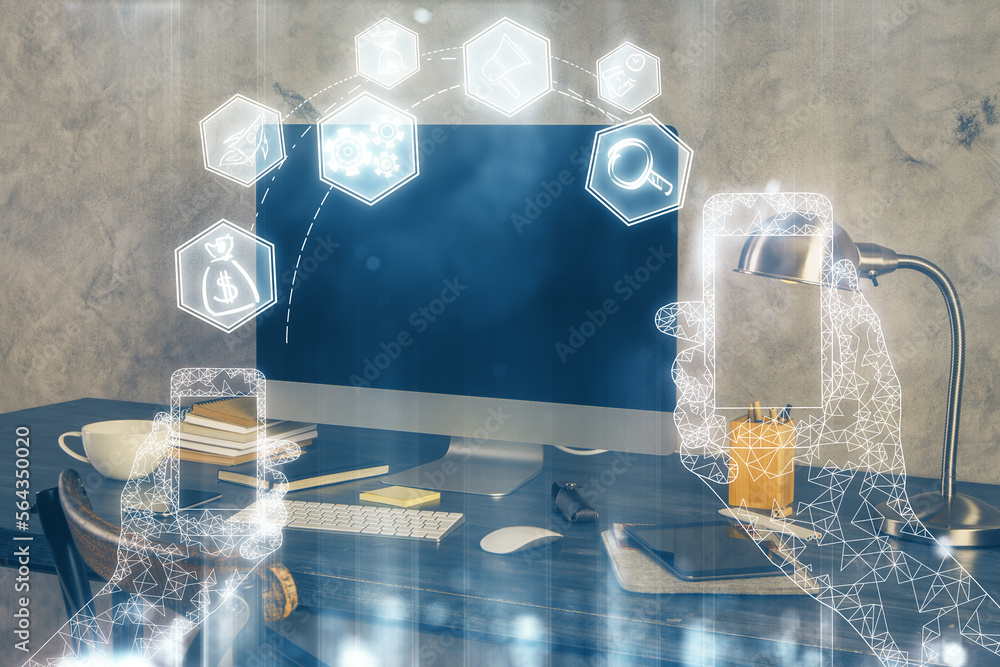 Poster computer on desktop in office with technology theme hologram. multi exposure. tech concept.