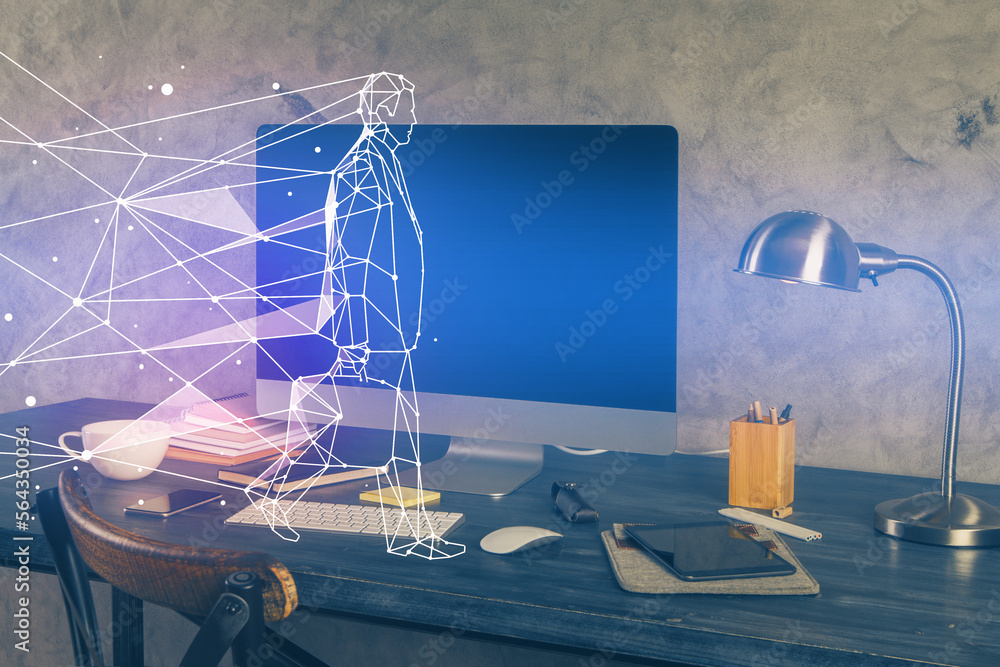 Poster Desktop computer background in office and start up theme hologram drawing. Double exposure. Startup concept.