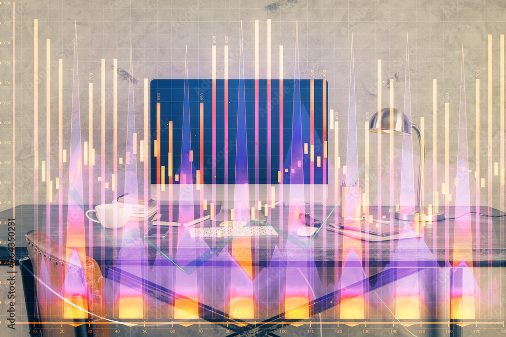 Poster Multi exposure of forex graph and work space with computer. Concept of international online trading.