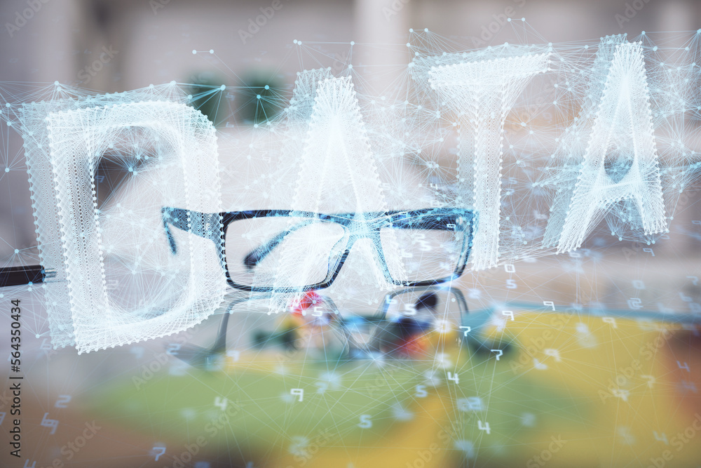 Aufkleber data tech hologram with glasses on the table background. concept of technology. double exposure.