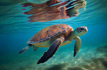 Underwater wild turtle floating over beautiful natural ocean background, with sunlight through water surface. Generative AI
