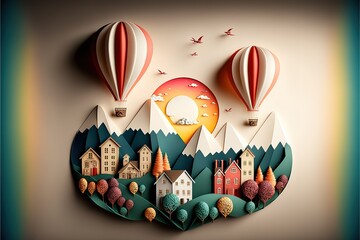 two air balloons fly across mountains and housing. the symbol of love in the form of a hot air balloon. paper art design. Generative AI