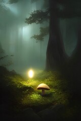 Magic mushroom in beautiful, mystical mistry forest, fairy tale dreamy illustration, fairy scene