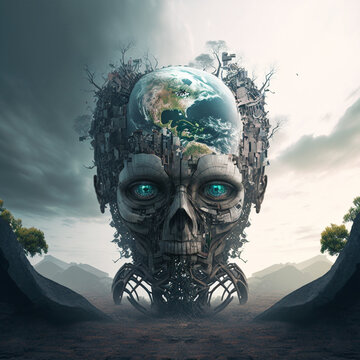KI &uuml;bernimmt die Welt, K&uuml;nstliche Intelligenz hat das Wissen der ganzen Menschheit, Gehirn KI, Erdkugel ist Kopf der k&uuml;nstlichen Intelligenz, AI generated art