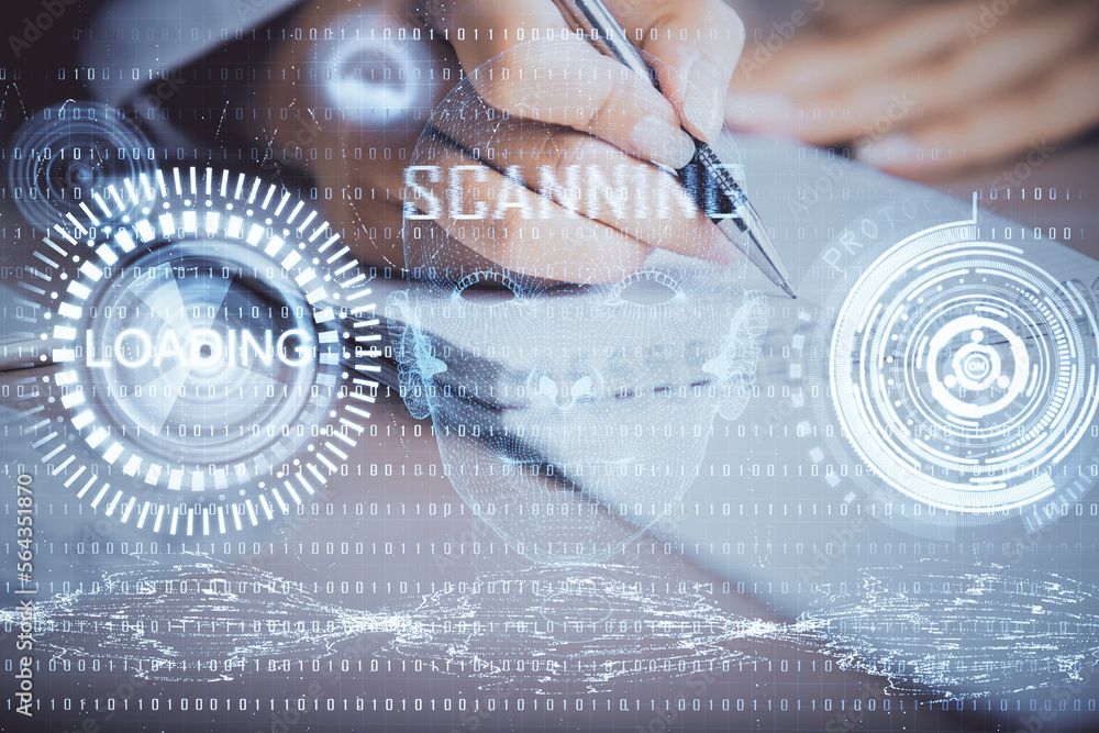 Poster double exposure of woman's writing hand on background with data technology hud. big data concept.